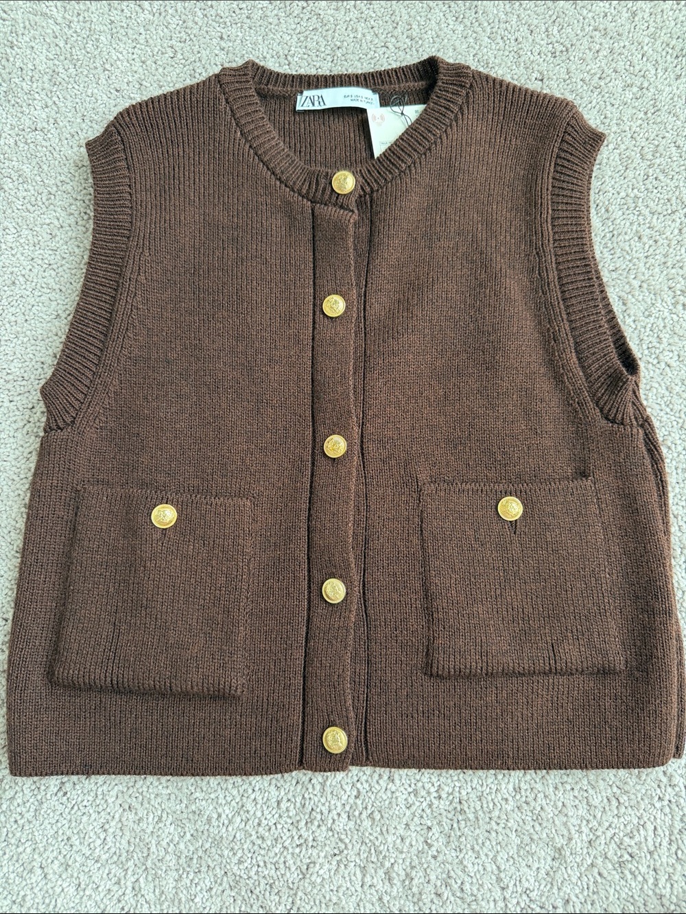 Zara Chocolate Brown Knit Vest with Gold Buttons